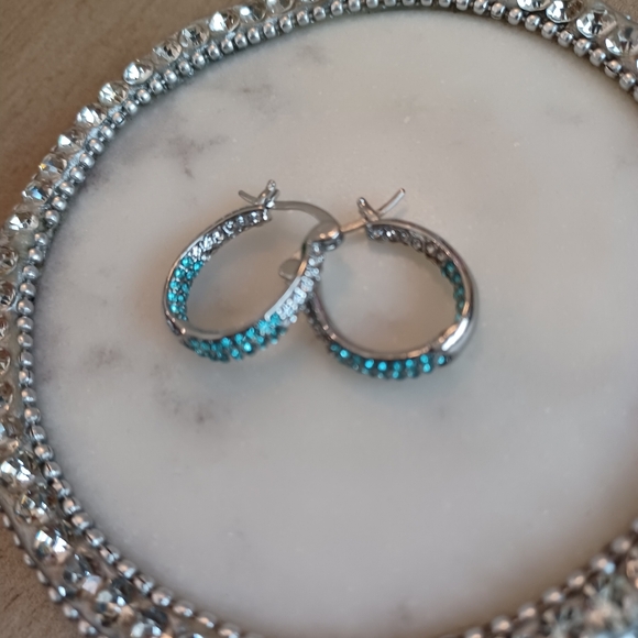 Blue Ombre Rhinestone Crystal Inside-Out Hoop Drop Dangle Earrings - Picture 4 of 9